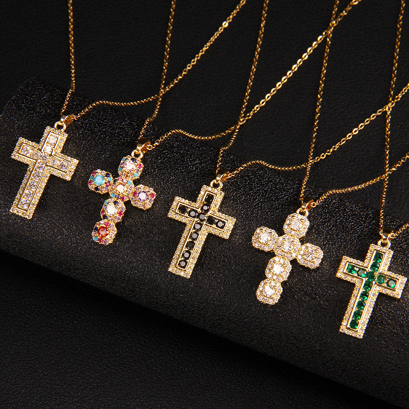 Fashion Gold Plated Brass Christian Jewelry Micro Pave Rainbow Colorful Crystal CZ Cubic Zirconia Cross Pendant Choker Necklace