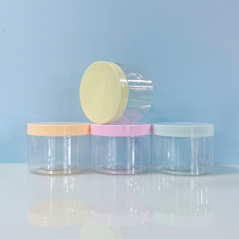 Wholesale cosmetic food packaging 250ml 8oz clear transparent pet plastic cosmetic cream jar with colored lid