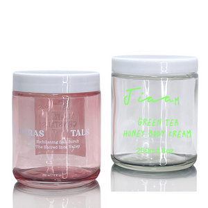 250ml 8oz Body Butter Container Clear Glass Cosmetic Cream Jar pink with Plastic Lid for Skin Care Body Scrub Jar