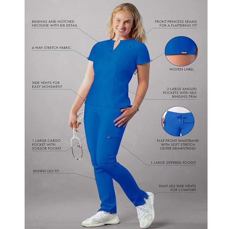 Comfortable Hospital Uniform Nurse Work Sets Notched V-Neck Scrub Tops Skinny Cargo Scrub Pants For Women