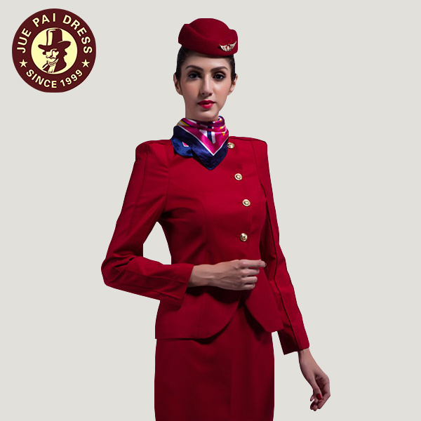 Fashion design red elegant airline stewardess  uniform for lady