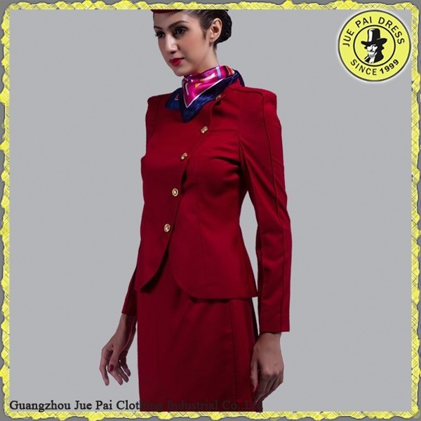 Fashion design red elegant airline stewardess  uniform for lady