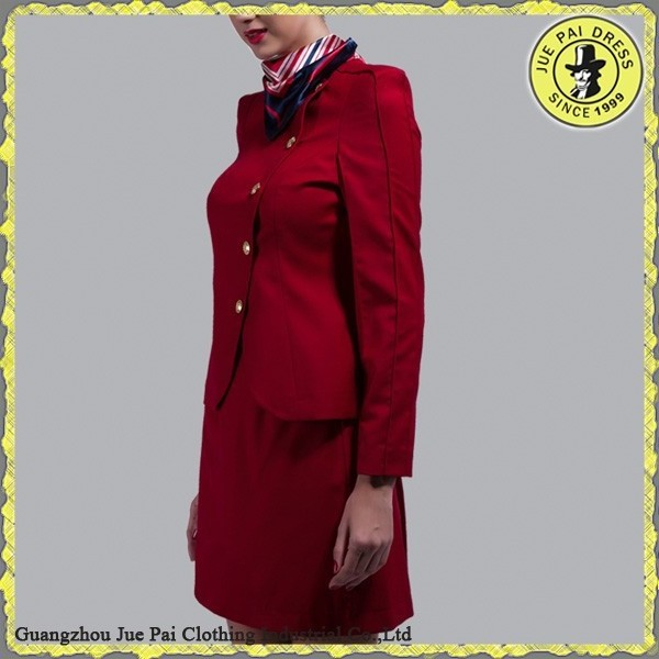 Fashion design red elegant airline stewardess  uniform for lady