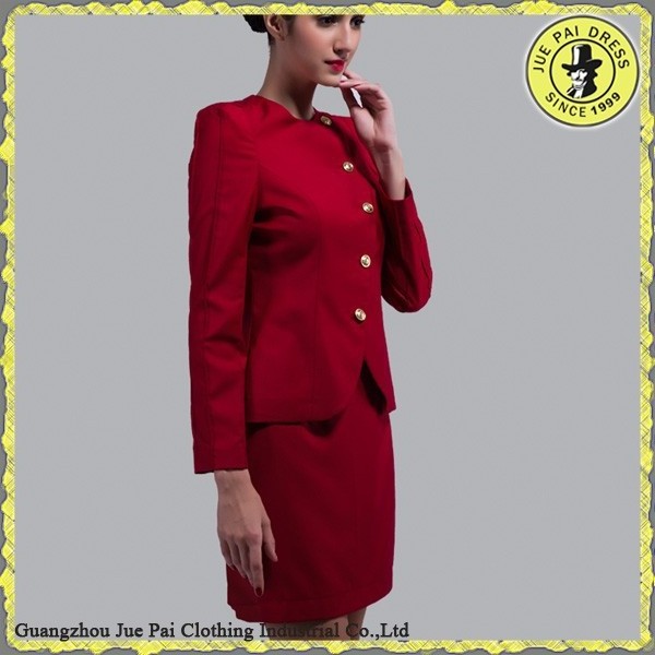 Fashion design red elegant airline stewardess  uniform for lady