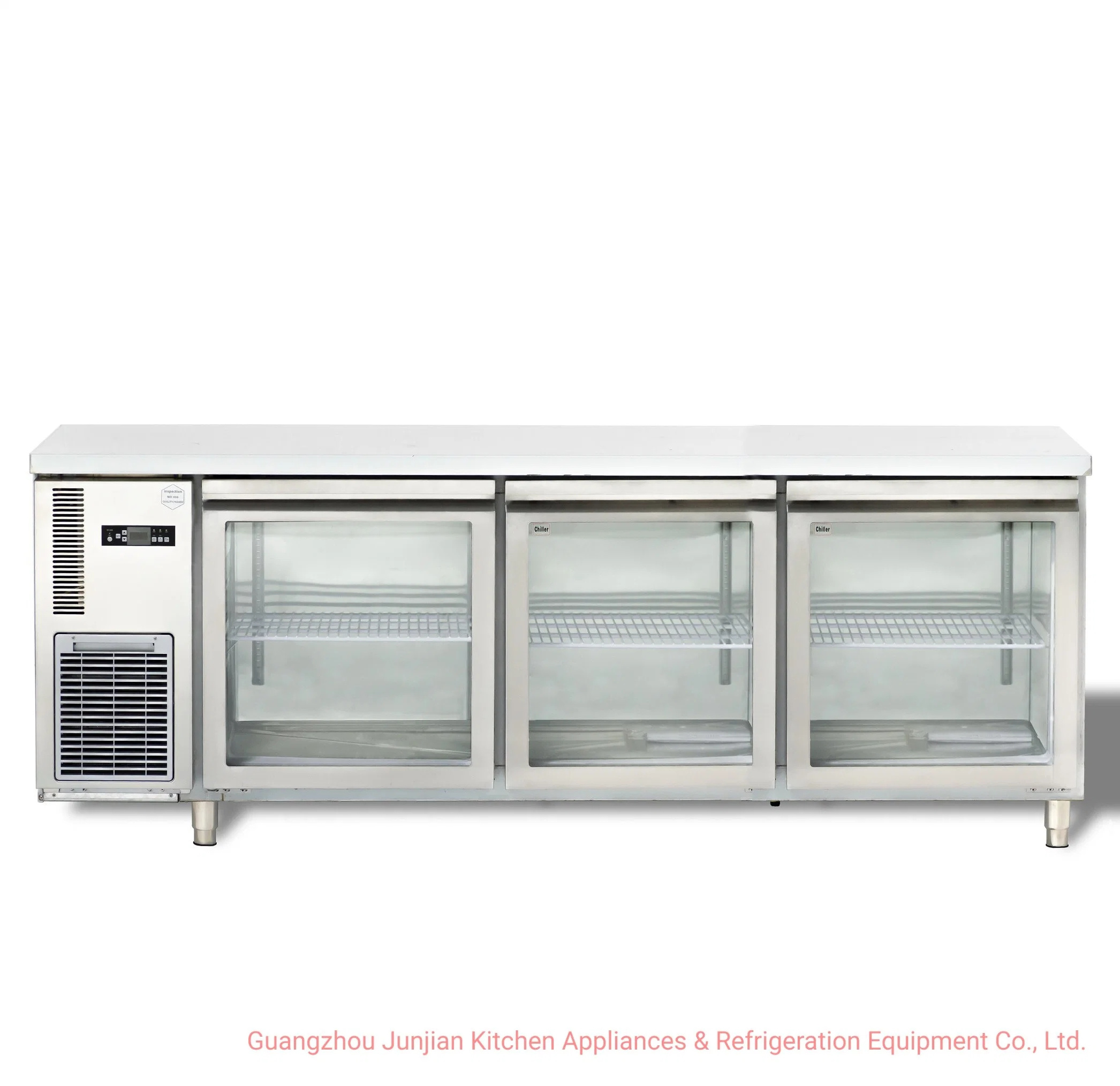 Three Glass Doors Commercial Display Counter Refrigerator, Workbench Fridge, Refrigerated Working Table