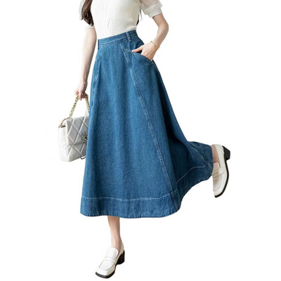 Large hem denim skirt women's new spring and autumn high-waisted A-line umbrella skirt mid-length denim skirt