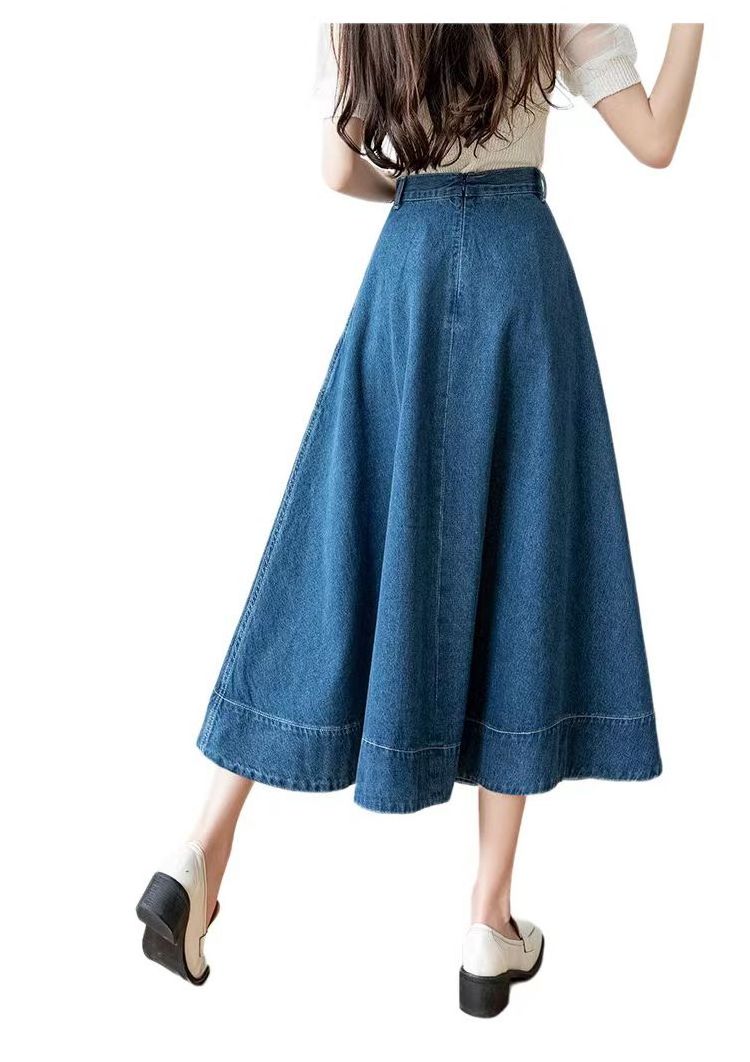 Large hem denim skirt women's new spring and autumn high-waisted A-line umbrella skirt mid-length denim skirt