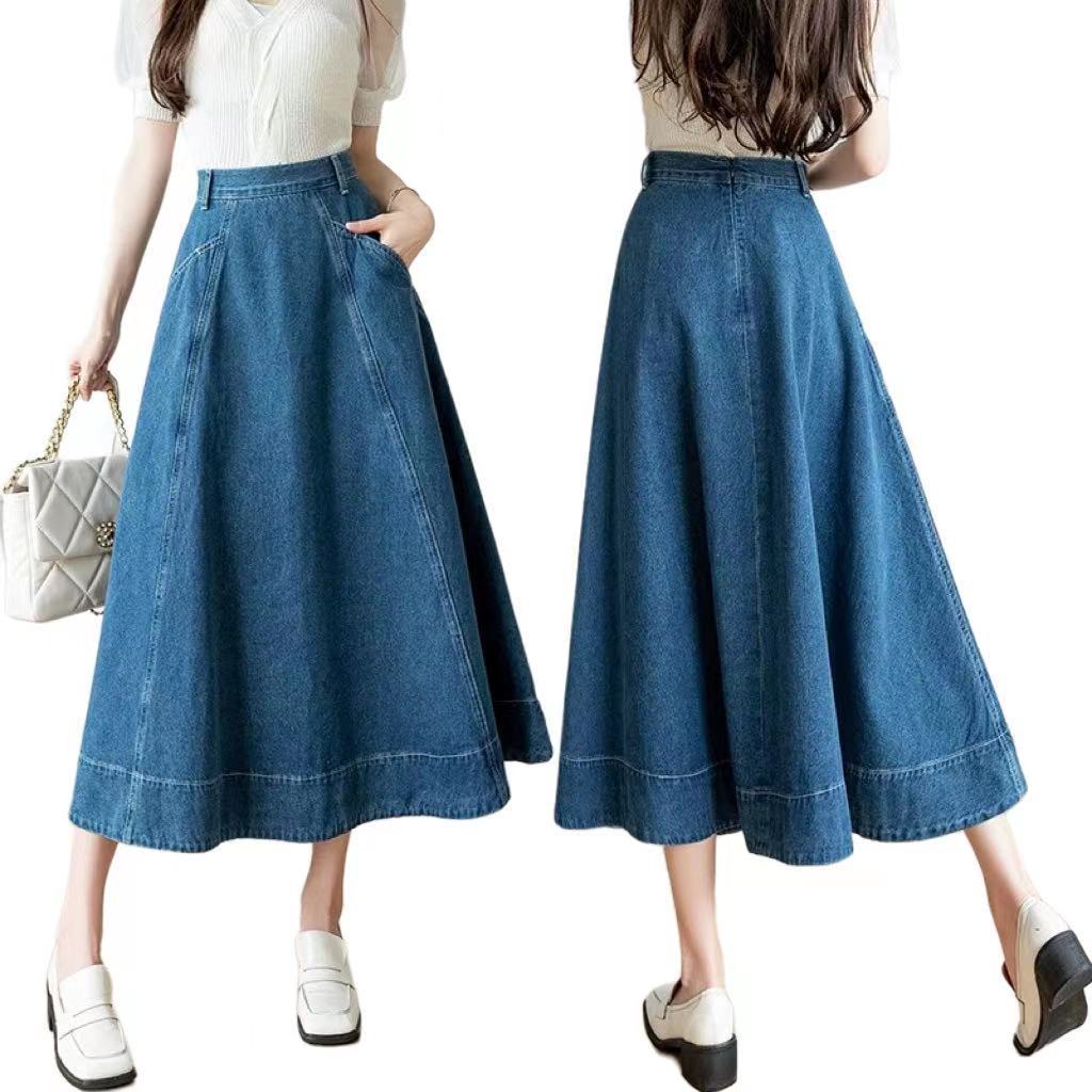 Large hem denim skirt women's new spring and autumn high-waisted A-line umbrella skirt mid-length denim skirt