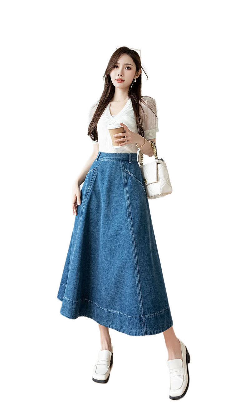 Large hem denim skirt women's new spring and autumn high-waisted A-line umbrella skirt mid-length denim skirt