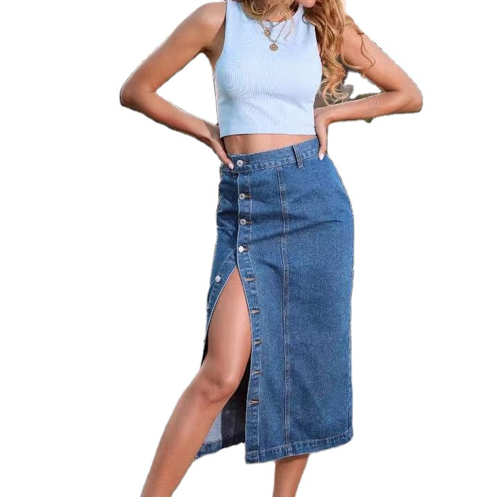 2023 Women's Button A-line Side Split High Waist Denim Skirt Office Lady Black Blue Midi Jean Skirts Autumn Winter Long Skirt