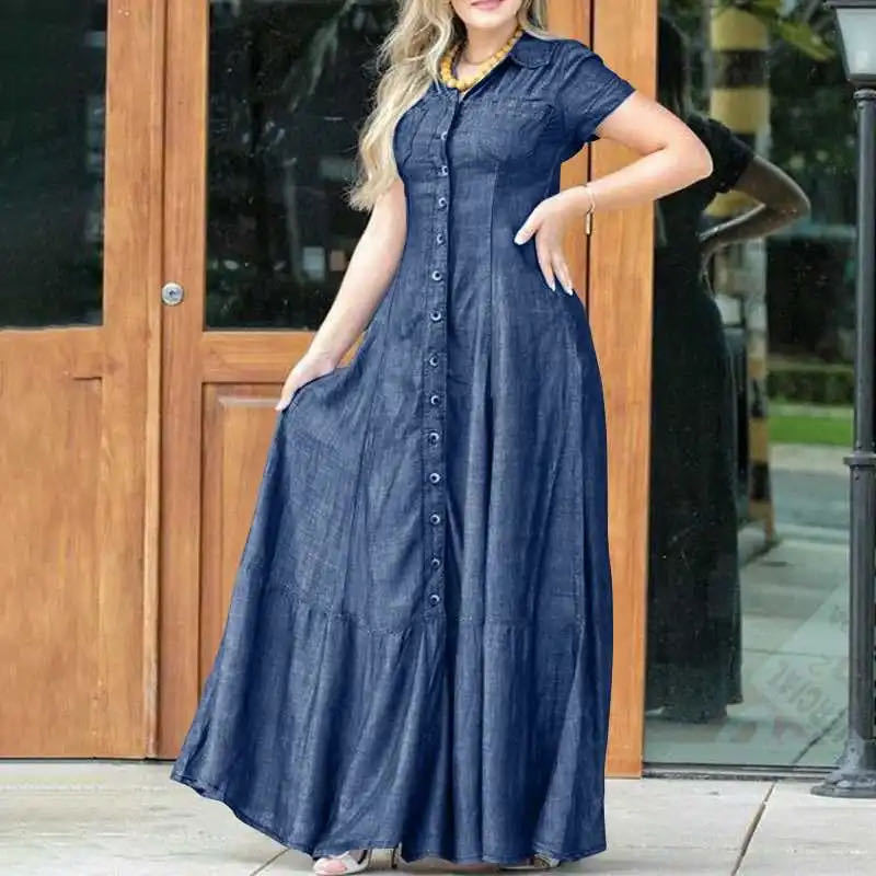 Short Sleeve Female Dress With Pockets Loose Big Swing Clothing Denim Elegant Casual Outfits Solid Color Long Dresses Plus Size