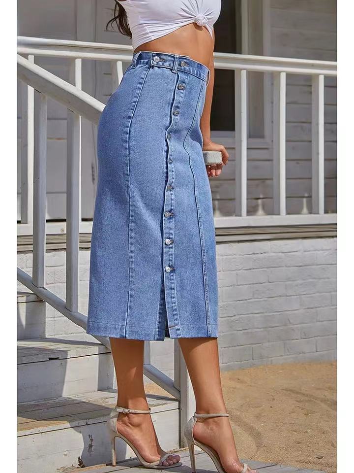 2023 Women's Button A-line Side Split High Waist Denim Skirt Office Lady Black Blue Midi Jean Skirts Autumn Winter Long Skirt