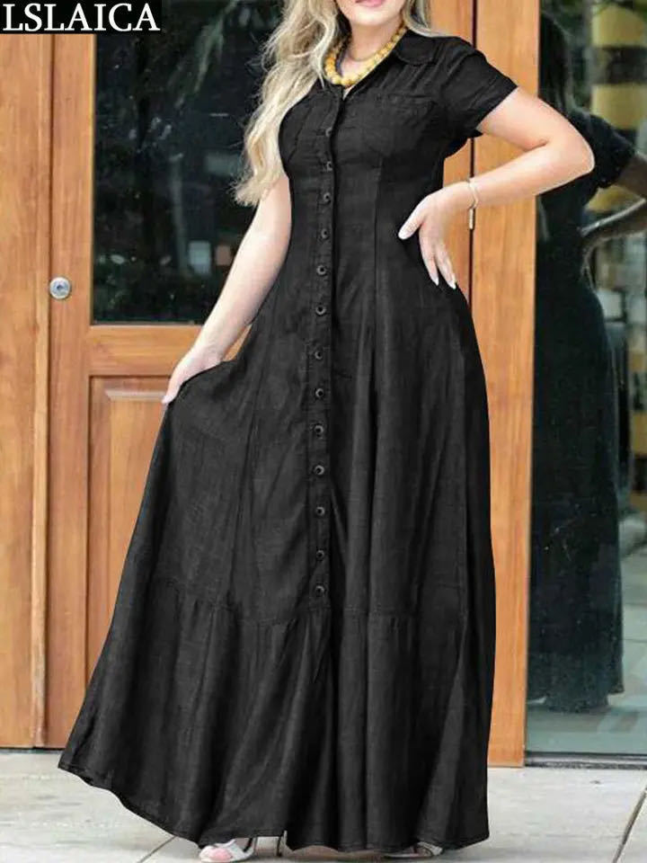 Short Sleeve Female Dress With Pockets Loose Big Swing Clothing Denim Elegant Casual Outfits Solid Color Long Dresses Plus Size