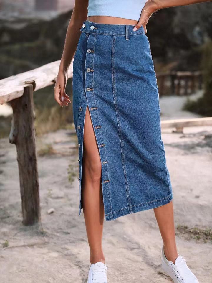 2023 Women's Button A-line Side Split High Waist Denim Skirt Office Lady Black Blue Midi Jean Skirts Autumn Winter Long Skirt