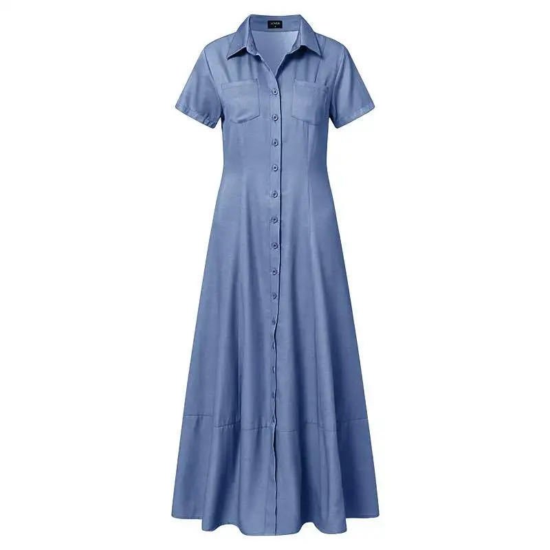 Short Sleeve Female Dress With Pockets Loose Big Swing Clothing Denim Elegant Casual Outfits Solid Color Long Dresses Plus Size