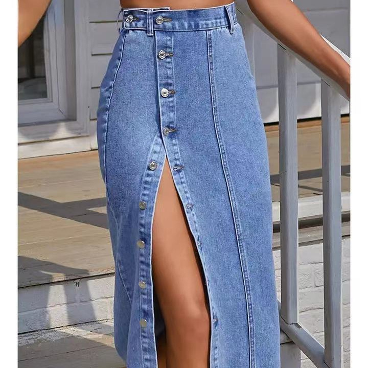 2023 Women's Button A-line Side Split High Waist Denim Skirt Office Lady Black Blue Midi Jean Skirts Autumn Winter Long Skirt