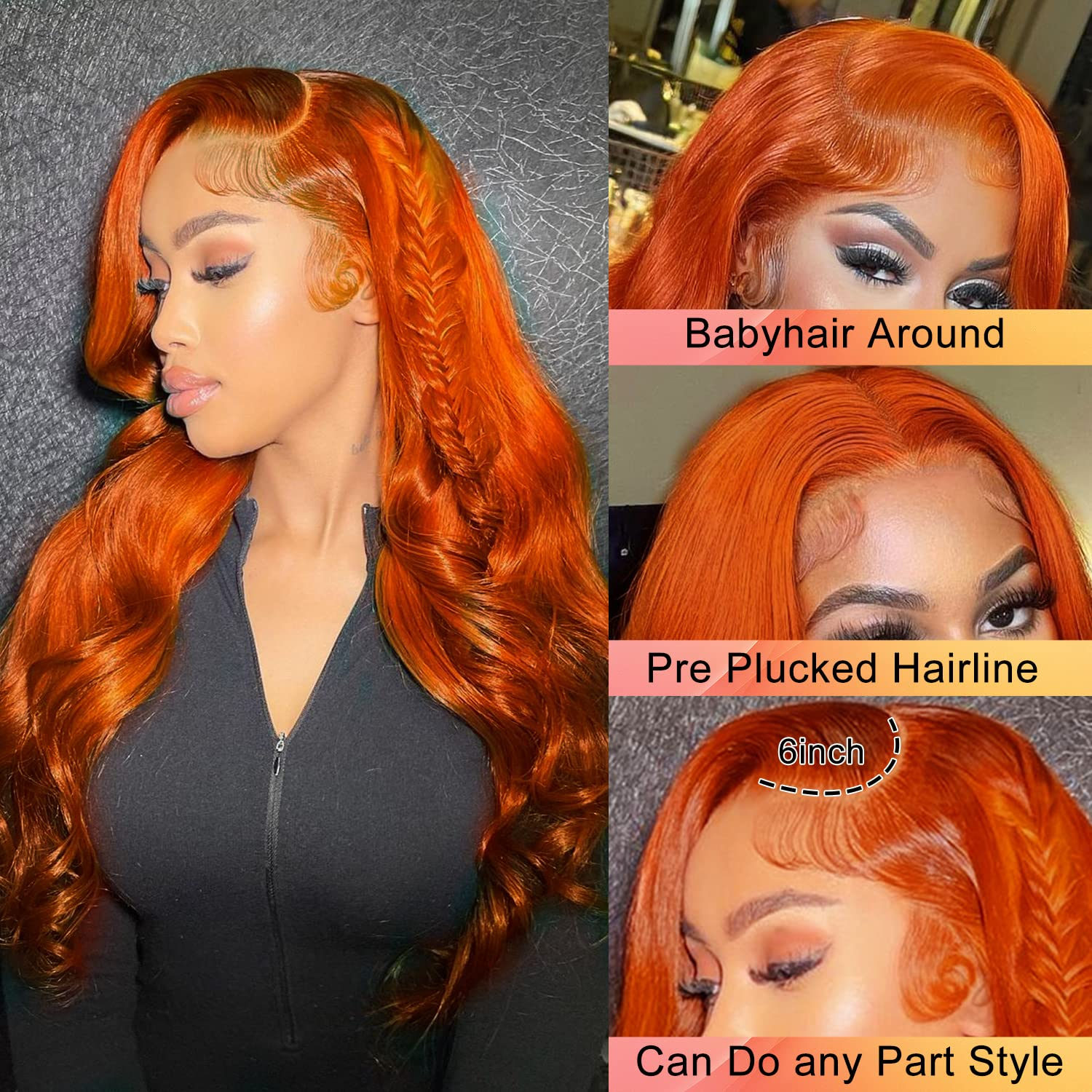 Raw Hair 180% Density 350 Copper Ginger Orange Color Human Hair Wig Transparent Lace Front Wigs For Black Women