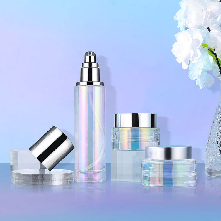 Luxury 30g 100ml iridescent holographic rainbow skincare glass lotion bottle and cosmetic cream jar set