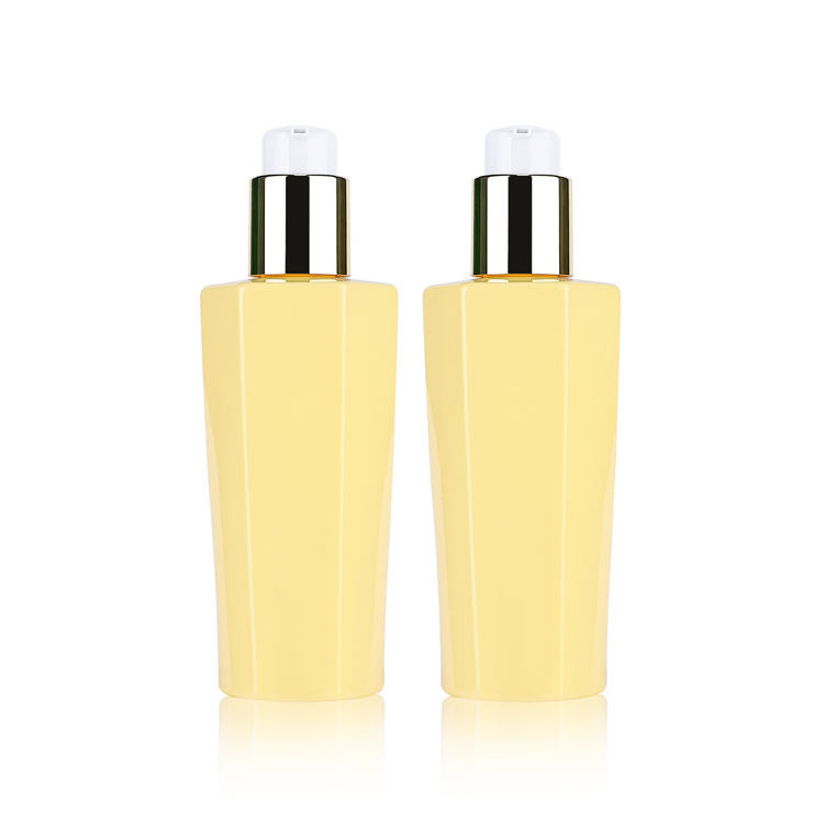 Eco friendly recycled unique shape PET 200ml yellow plastic lotion pump bottles for shampoo and conditioner