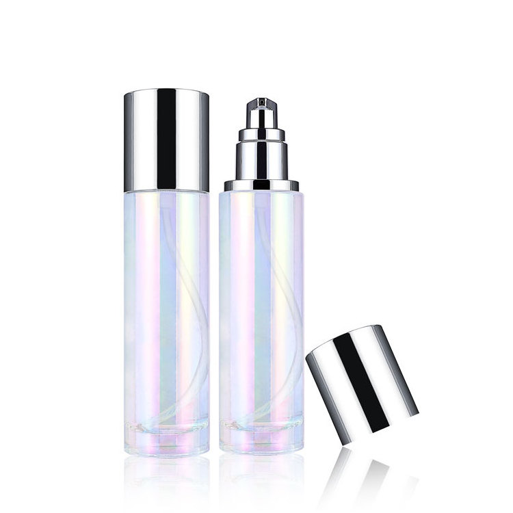 Luxury 30g 100ml iridescent holographic rainbow skincare glass lotion bottle and cosmetic cream jar set