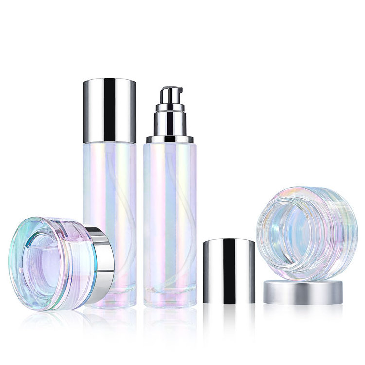 Luxury 30g 100ml iridescent holographic rainbow skincare glass lotion bottle and cosmetic cream jar set