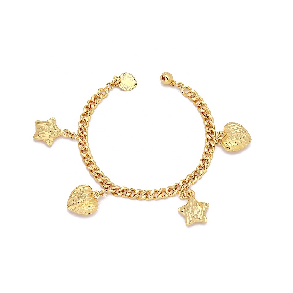 Wholesale price 24k gold plated brass jewellery star moon love heart shape charm bracelet new stylish bracelets 2023 women