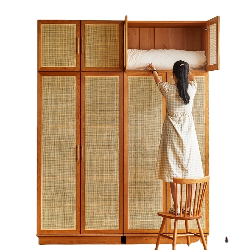 Factory Supply Customized  Closet Bedroom Storage Solid Wood Wardrobe Double Door Armoire Nordic Modern Rattan Wardrobes