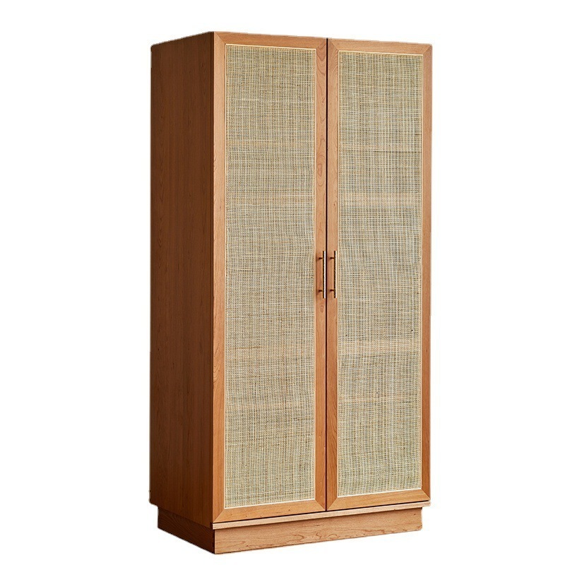 Factory Supply Customized  Closet Bedroom Storage Solid Wood Wardrobe Double Door Armoire Nordic Modern Rattan Wardrobes