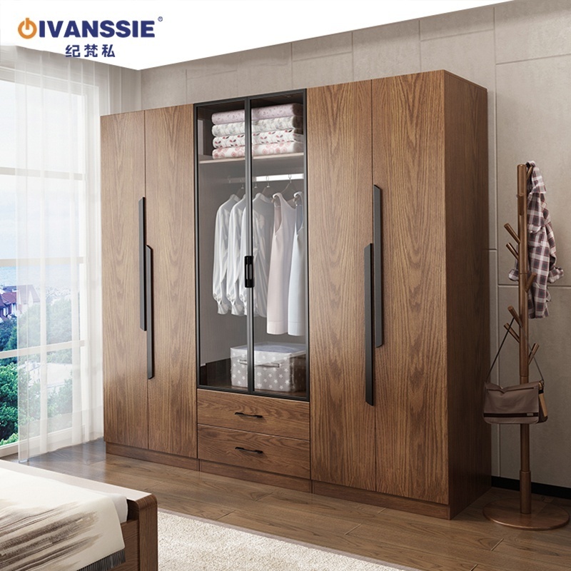 High Quality Wooden Chinese Wardrobe With tempered glass door  2 drawers Storage  A+B combination wardrobe