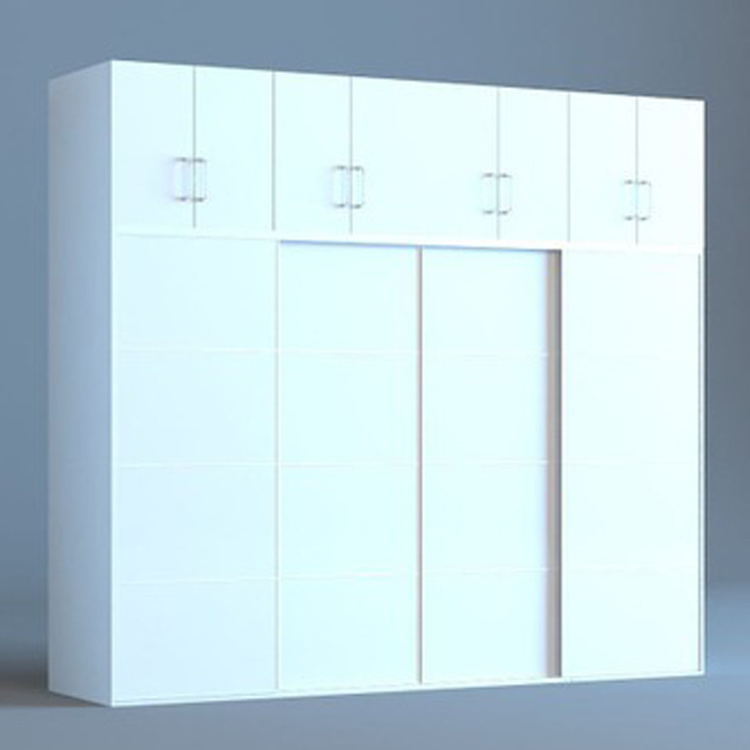 White 4 sliding door wardrobe closet with 4 top storage cabinets