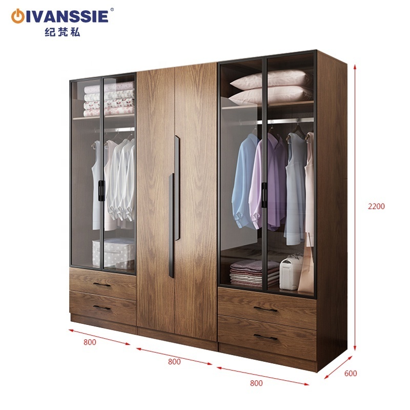 High Quality Wooden Chinese Wardrobe With tempered glass door  2 drawers Storage  A+B combination wardrobe