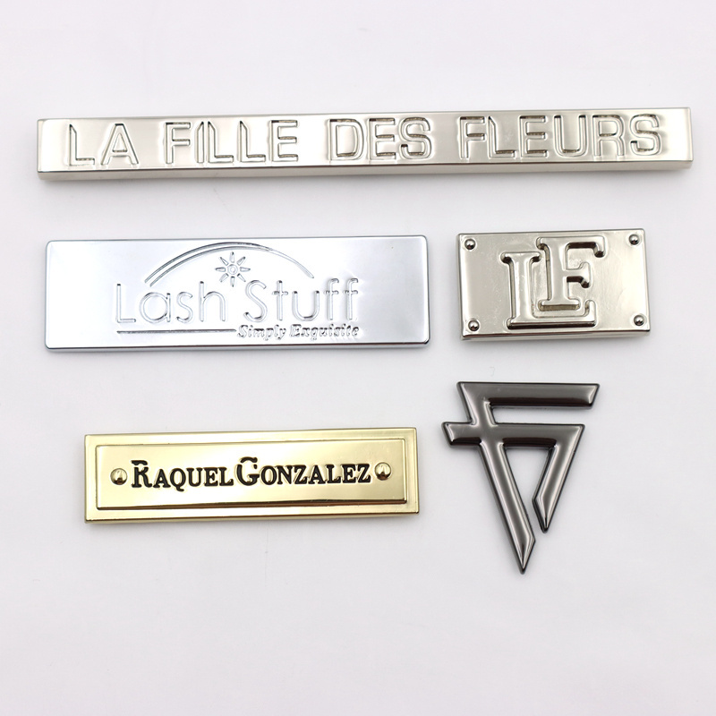 Free samples personalized engrave letters Long sling metal logo plate tag with rivet