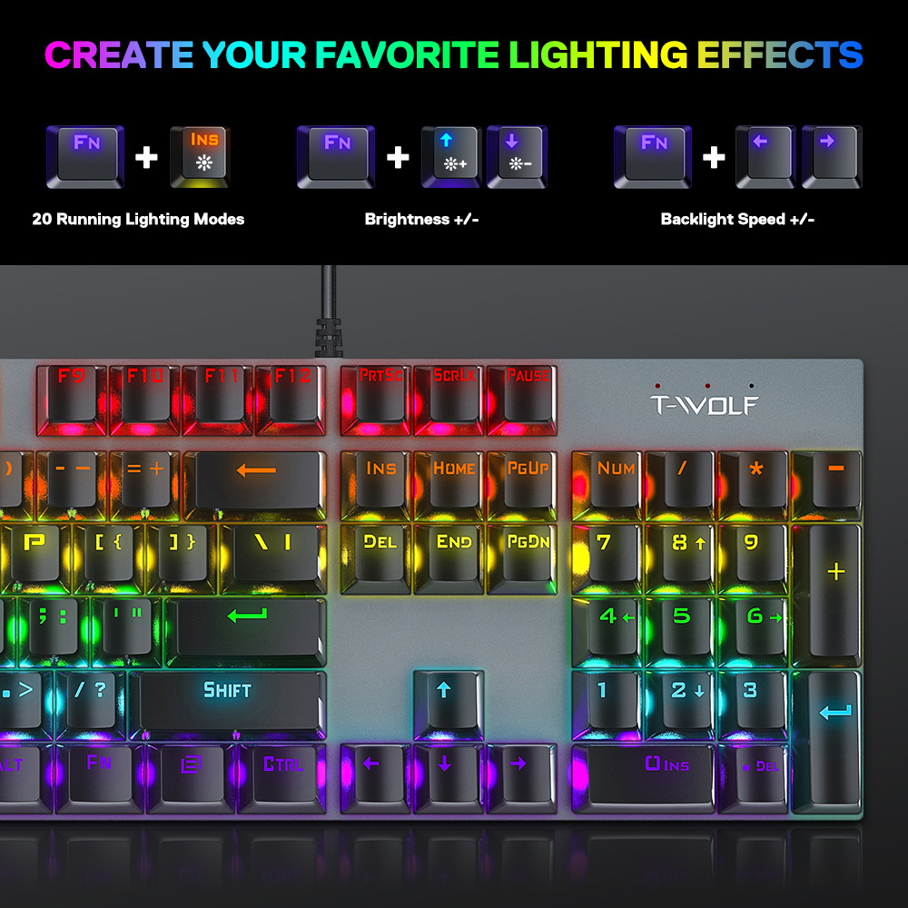 T17 colorful backlit gaming keyboard 104 keys running light rainbow RGB mechanical game keyboard