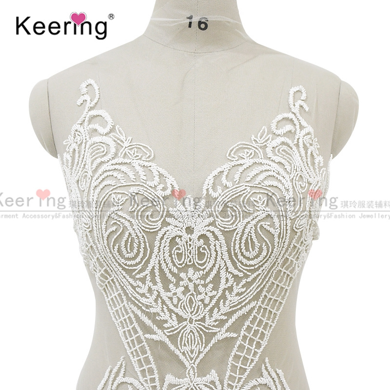 White sew on fleur de lis embroidered rhinestone applique for wedding dress WDP-280