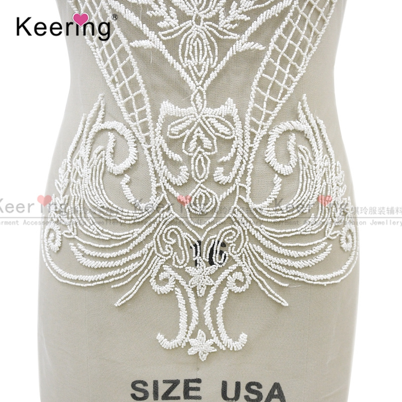 White sew on fleur de lis embroidered rhinestone applique for wedding dress WDP-280