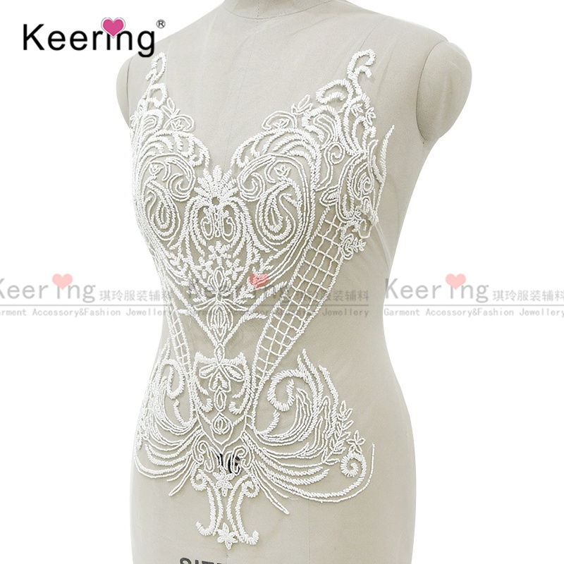 White sew on fleur de lis embroidered rhinestone applique for wedding dress WDP-280