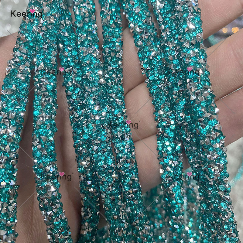 Keering Clothing Hoodie Trimming Round PVC Tube Cotton Core Sea Green Resin Rhinestone Rope For Shoes