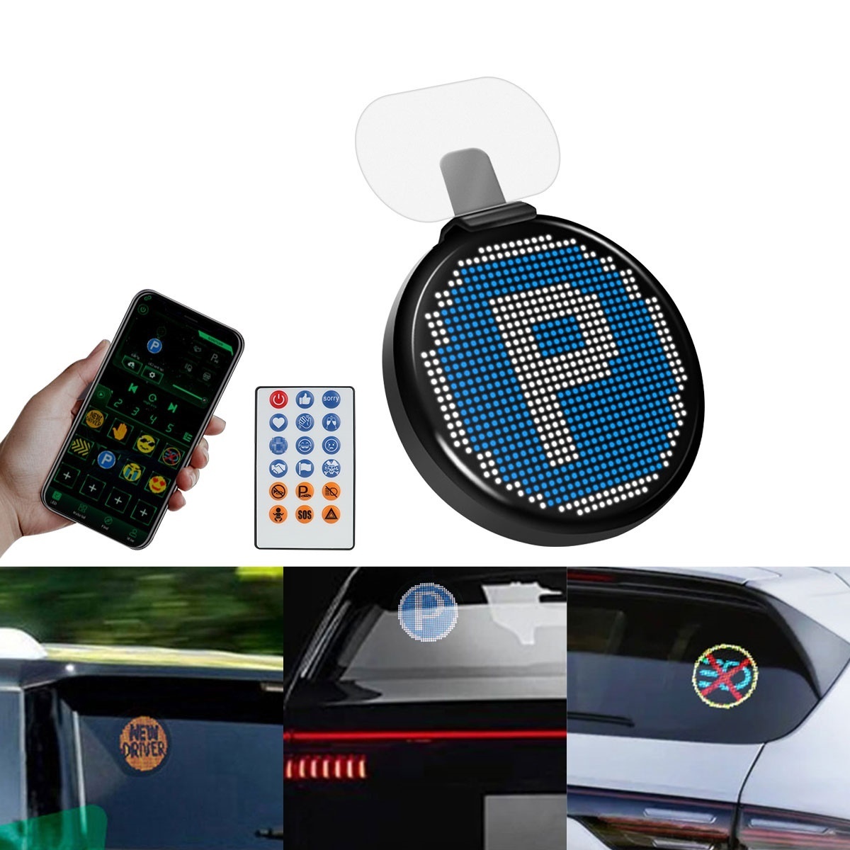 Round Car LED Expression Display Scroll Message Screen Smart App Control Programmable Panel DIY Car Rear Window LED Sign