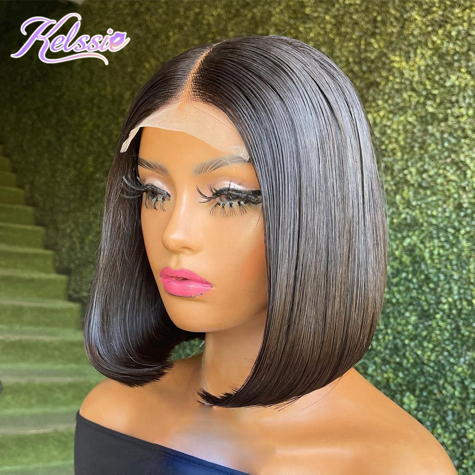 Chinese Luxury Short Bone Straight Hair Original,Silky Straight Highlight Human Hair Wig,4x4 Cheap Kinky Straight Short Wigs