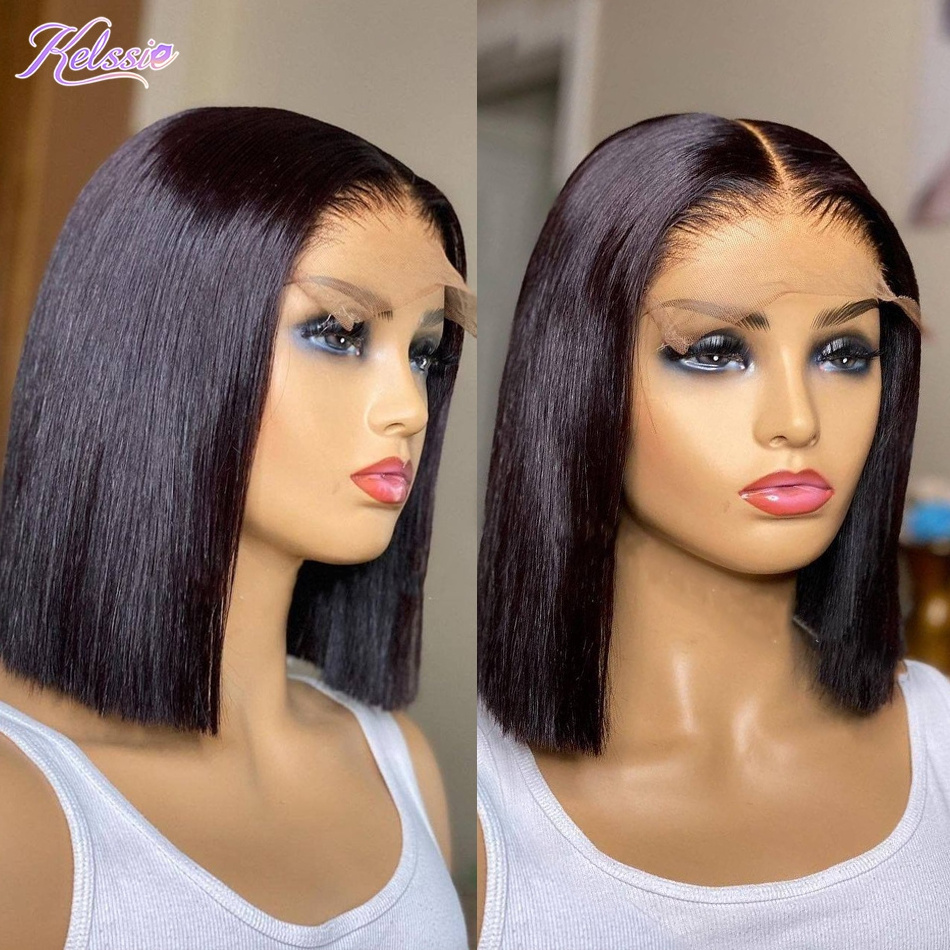 Chinese Luxury Short Bone Straight Hair Original,Silky Straight Highlight Human Hair Wig,4x4 Cheap Kinky Straight Short Wigs