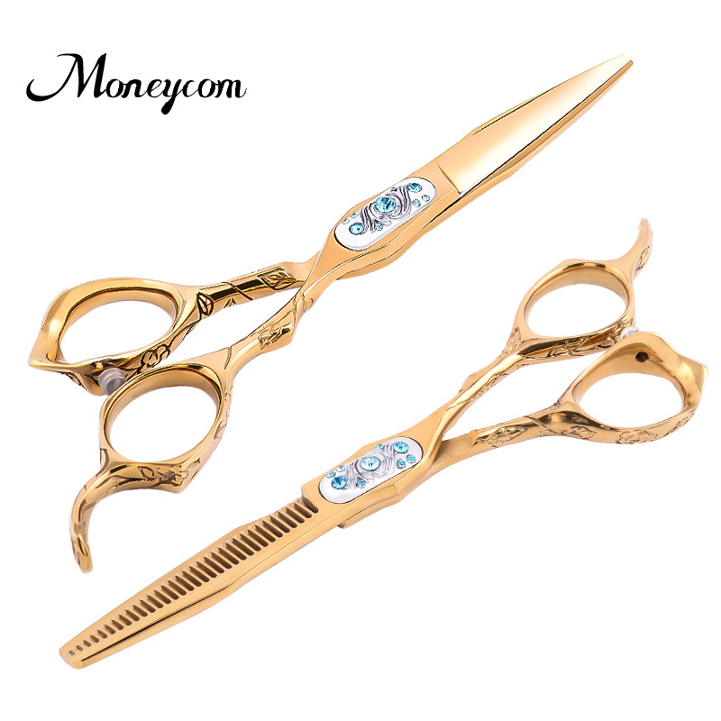 6 Inch Hair Cutting Scissors set Professional pet Dog  And Cat grooming kit Thinning Curved Shears Stainless Steel  Gold Shears