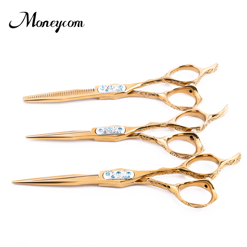 6 Inch Hair Cutting Scissors set Professional pet Dog  And Cat grooming kit Thinning Curved Shears Stainless Steel  Gold Shears