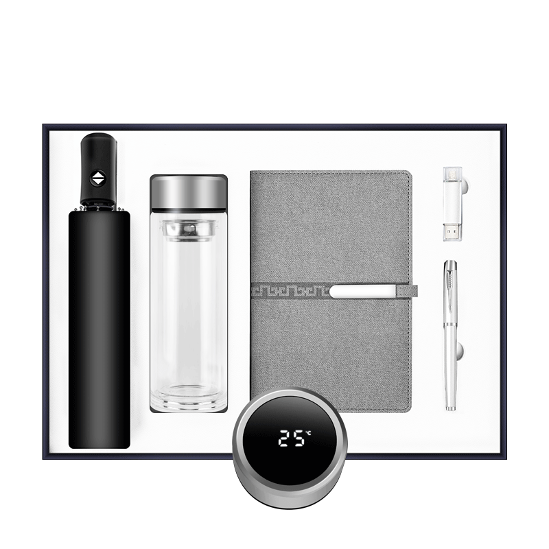 2023 Wholesale New Trendy Glass Digital Bottle with USB Flash Drive Notebook Umbrella and Pen Gift Sets for Business Promotion