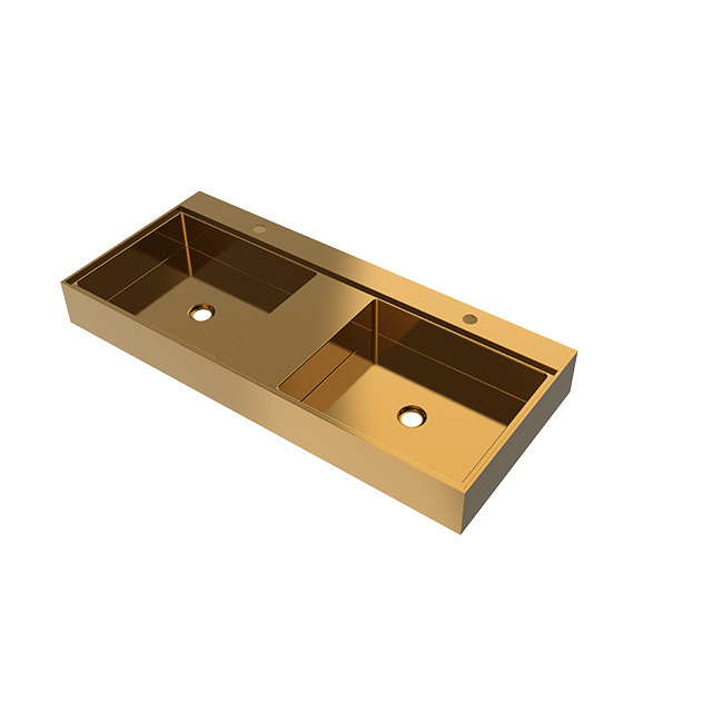 Double bowl handmade bathroom sink stainless steel, brushed brass finish basin