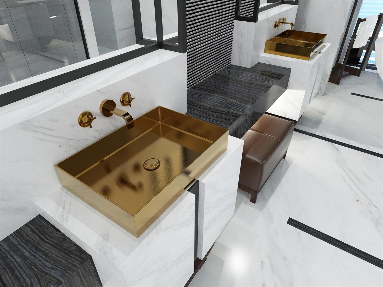 Double bowl handmade bathroom sink stainless steel, brushed brass finish basin