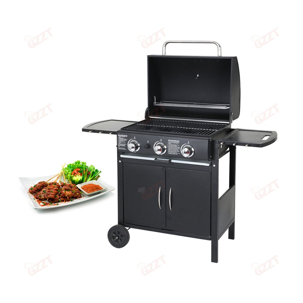 Luxury Gas Barbecue Grill Smoker 3 Burners Camp Portable Gas Grills Bbq For Outdoor Kitchen Cooking with Two Sides Folding Table