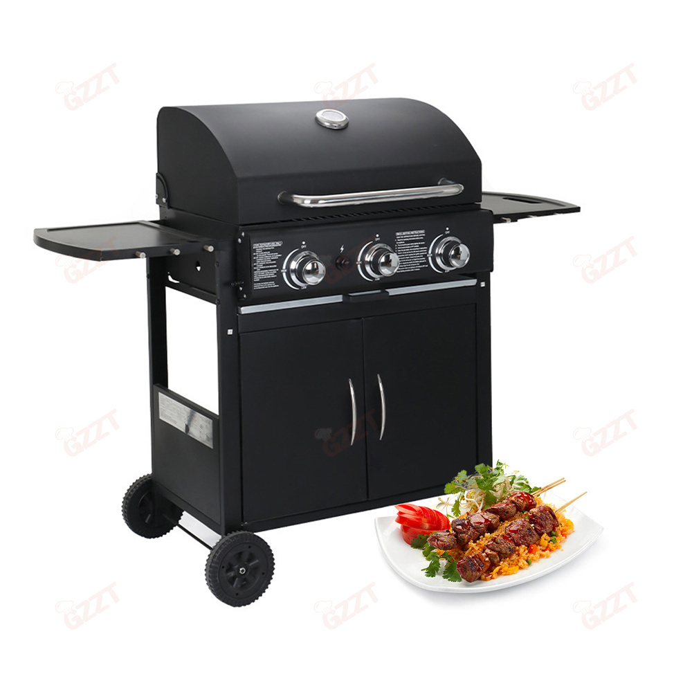 Luxury Gas Barbecue Grill Smoker 3 Burners Camp Portable Gas Grills Bbq For Outdoor Kitchen Cooking with Two Sides Folding Table