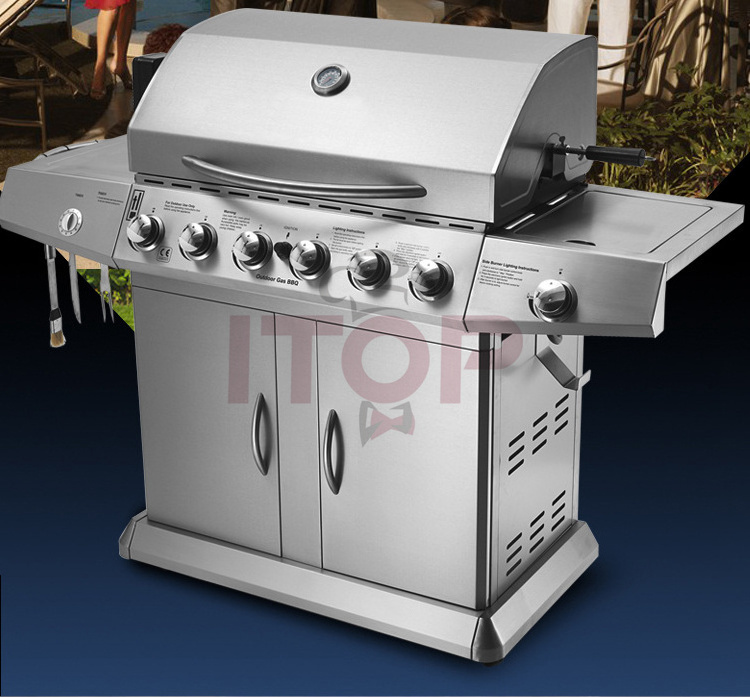 IT-6098 gas bbq grill outdoor stainless steel with trolley outdoor professional china 7 burner gas bbq smokeless bbq