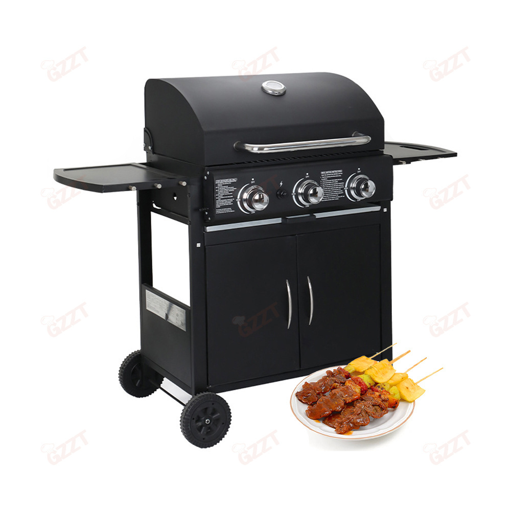 Luxury Gas Barbecue Grill Smoker 3 Burners Camp Portable Gas Grills Bbq For Outdoor Kitchen Cooking with Two Sides Folding Table