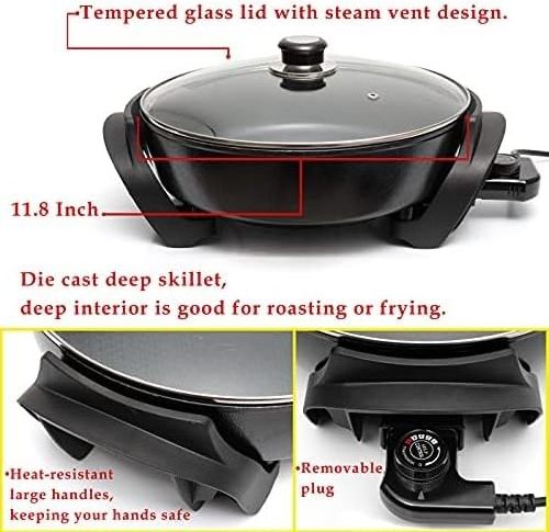 Electric Skillet 12 Inch Aluminum Electric Fryer With 2 Layers Of Non-Stick Coating | Adjustable Temperature Control